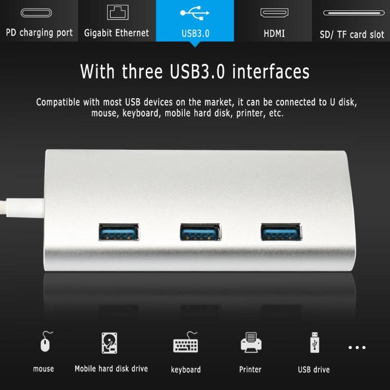 8 in 1 Type-C USB3.0 Hubs Adapter USB Type C to HDMI RJ45 Converter PD Type-C USB 3.0 Card Reader Hub Cable for Laptop Macbook - ebowsos