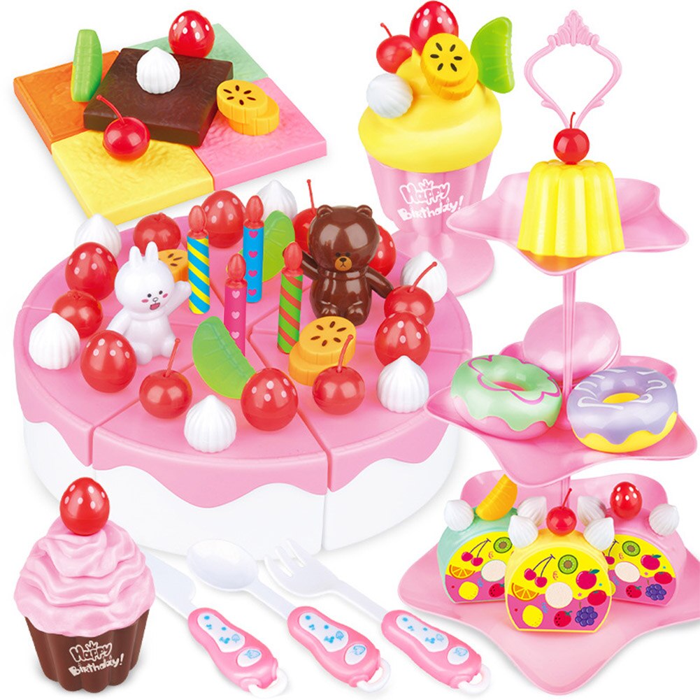 88Pcs Girls Cake Kitchen Toys Mini Plastic Tableware Food Cuttings Set Gift Children's Educational Toy 2 Colors With retail pack-ebowsos