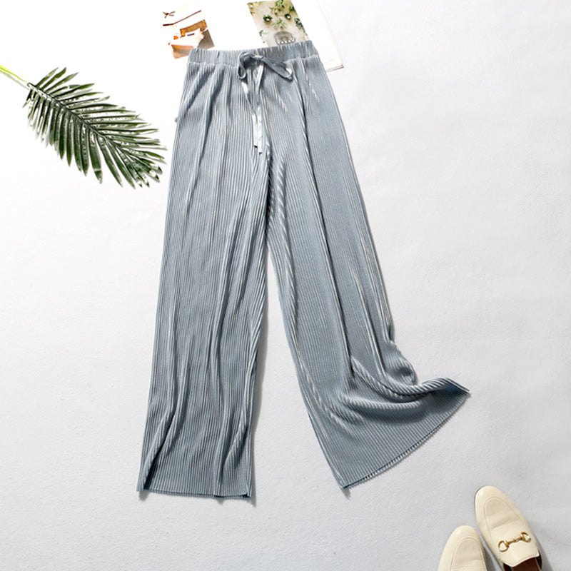 New Fashion Summer Wide Leg Pants For Women Casual Elastic High Waist Loose Long Pants Pleated Pant Trousers Femme-ebowsos