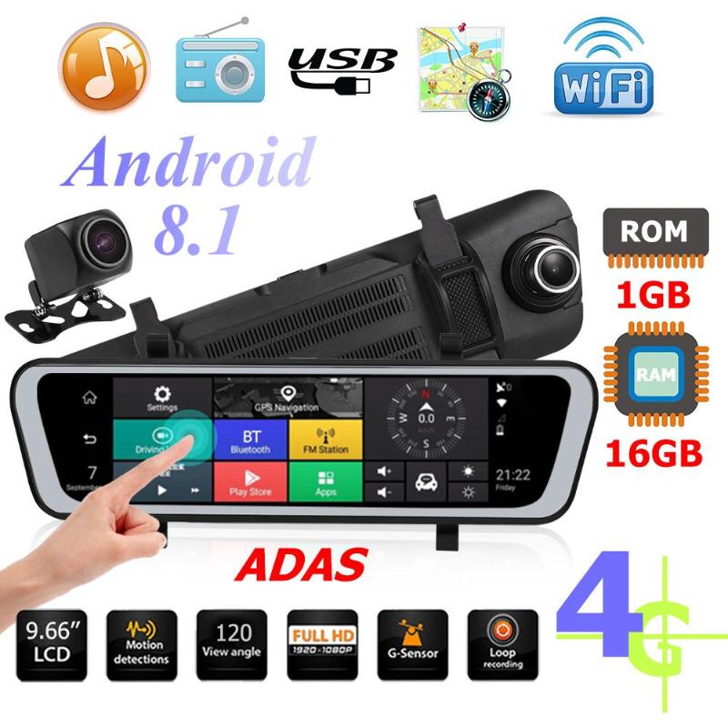 9.66 Inch 4G Android 8.1 Car Rearview Mirror DVR Camera GPS Navi Dash Cam Double lens G-sensor/Bluetooth/WiFi /ADAS Function Hot - ebowsos