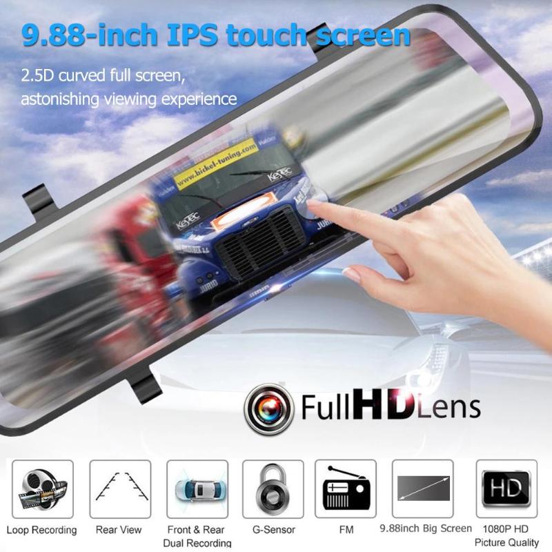 9.88 Inch IPS DVR Camera Touch Screen 2.5D Car Rearview Mirror Dual Lens Video Recorder Night Vision Dash Cam 170 Wide Angle Hot - ebowsos