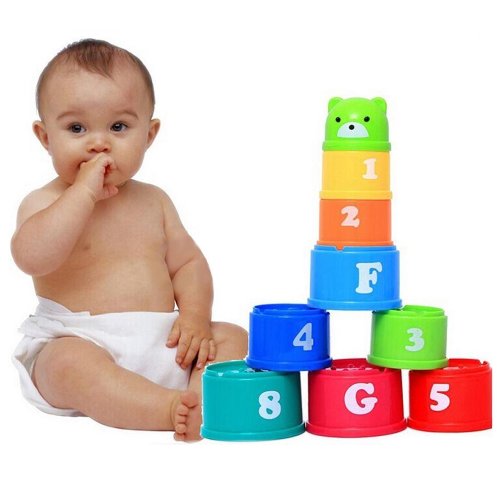 9 Pcs/pack Multicolor Figures & Letters Foldind Stack Cup Tower Baby Educational Toys Early Intelligence Toy Color Random-ebowsos