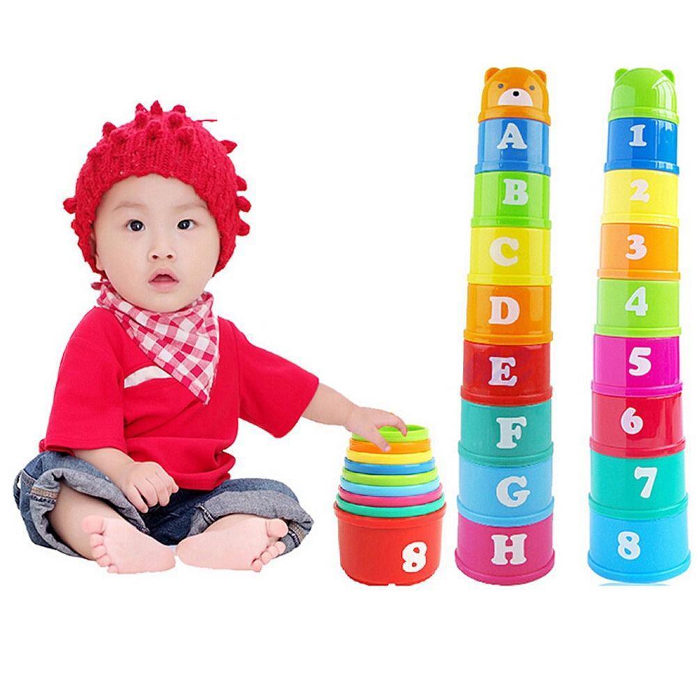 9 Pcs/pack Multicolor Figures & Letters Foldind Stack Cup Tower Baby Educational Toys Early Intelligence Toy Color Random-ebowsos