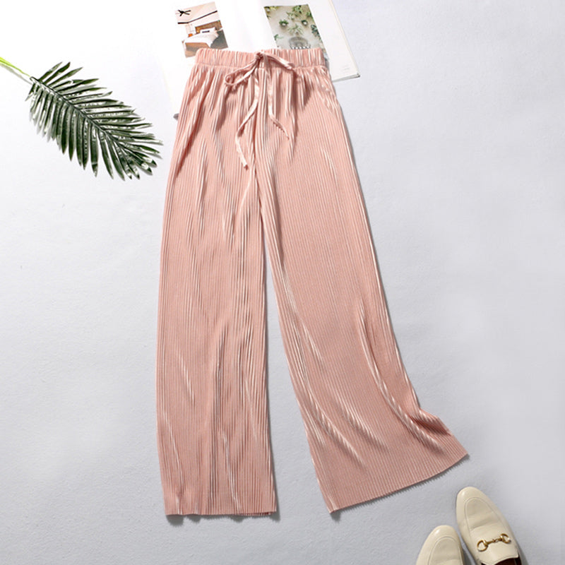 New Fashion Summer Wide Leg Pants For Women Casual Elastic High Waist Loose Long Pants Pleated Pant Trousers Femme-ebowsos