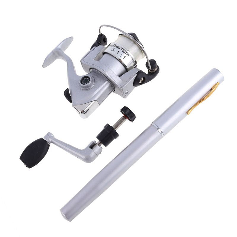 96cm Portable Pocket Telescopic Mini Fishing Pole Pen Shape Folded Fishing Rod With Spining rod 5.1:1 Reel + Line Silver Wheel-ebowsos