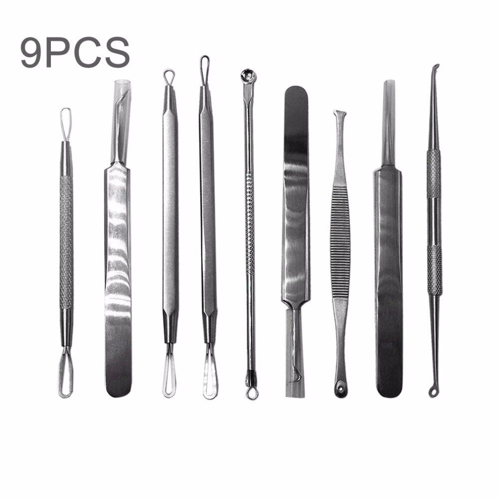 9Pcs/set Stainless Steel Acne Needle Blackhead Blemish Pimple Extractor Remover Tool Set Face Skin Care Blackhead Tweezer - ebowsos