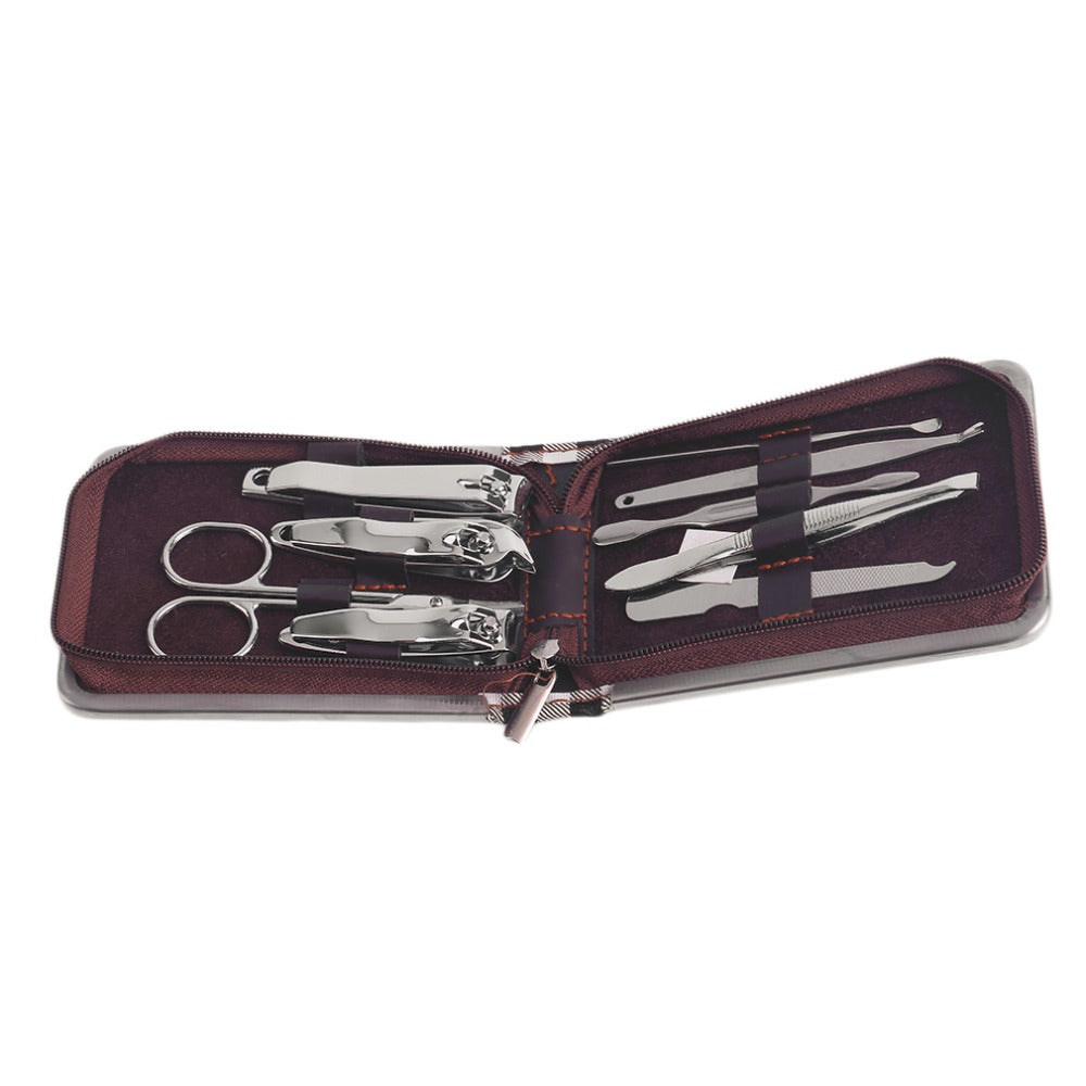 9pcs/set Portable Size Travel Nail Clipper Kit Stainless Steel Nail Care Tweezer Scissor Manicure Set Tools With Zipper Bag - ebowsos