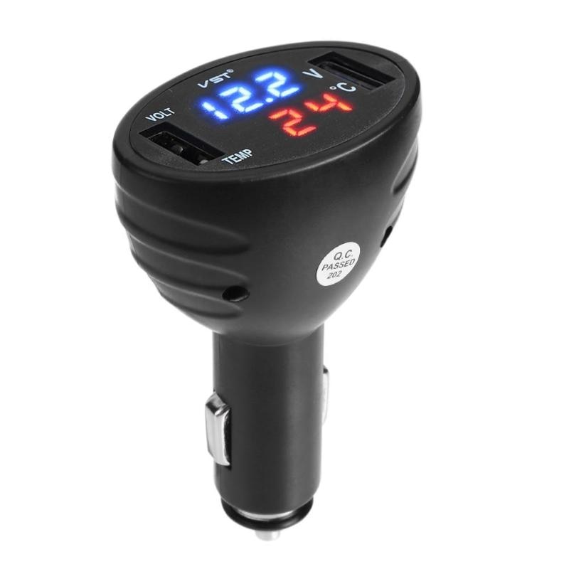 3 in 1 Digital LED Voltmeter Thermometer Monitor 2.1A Dual USB Ports Car Charger Cigarette Lighter Temperature Meter Kit - ebowsos