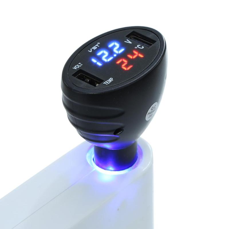 3 in 1 Digital LED Voltmeter Thermometer Monitor 2.1A Dual USB Ports Car Charger Cigarette Lighter Temperature Meter Kit - ebowsos