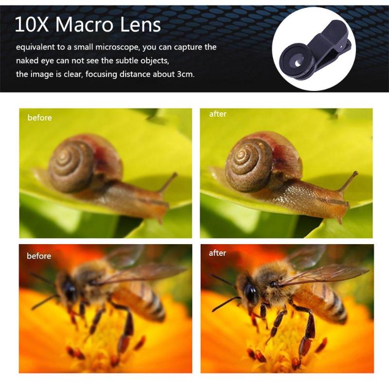 Mobile Phone Clip Lenses 180 Degree Fish Eye 0.67X Wide Angle 10X Macro 3 in 1 HD External Lens Kit For iPhone7 6 Samsung - ebowsos