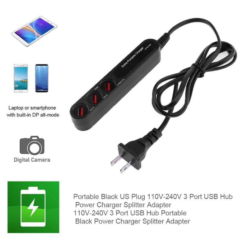 110V-240V 3 Port High Speed USB Hub Portable Black Power Charger Splitter Adapter PC Laptop Notebook Computer - ebowsos