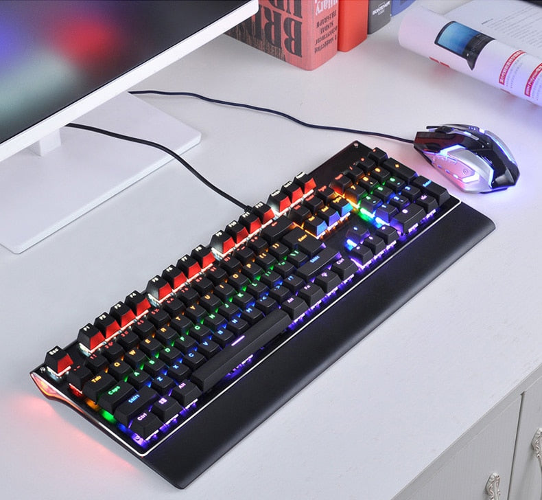 Gaming Mechanical Keyboard Wired 104 Keys Blue Switch Mechanical Keyboard with Wrist Rest + Mouse Kit - ebowsos