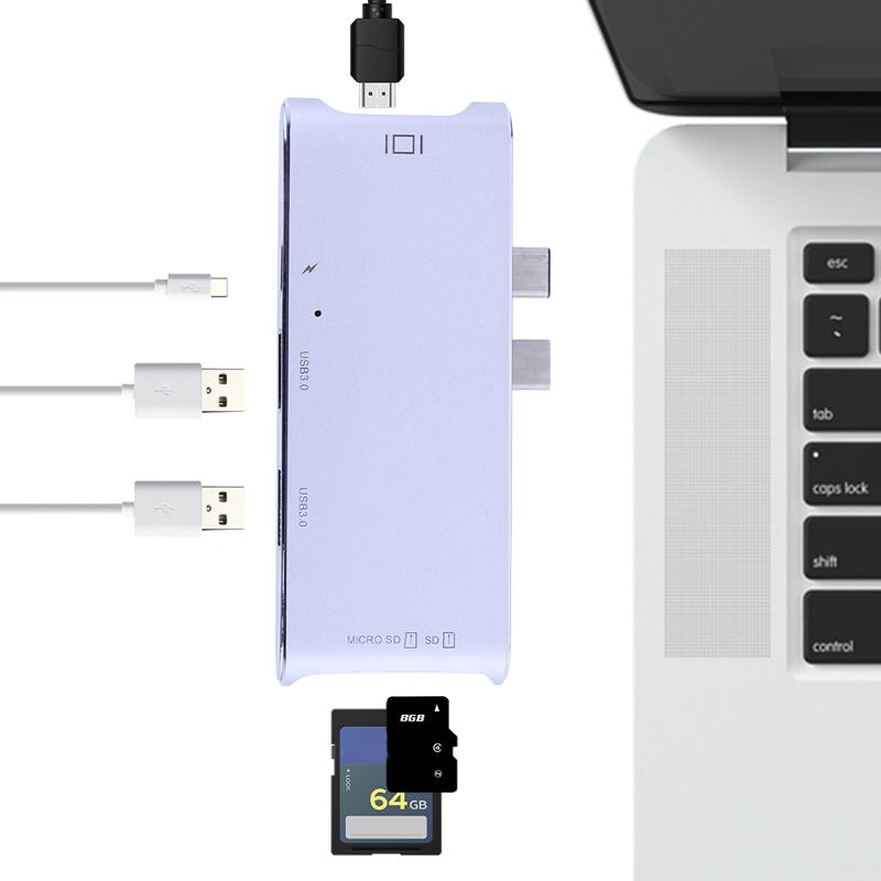 Multifuction Card Reader Dual Type-C 3.1 to 2 USB 3.0 HUB+ 3.0 SD/TF Card Reader+ 4K HDMI+PD Port for PC - ebowsos