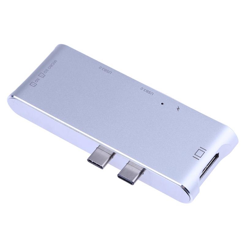 Multifuction Card Reader Dual Type-C 3.1 to 2 USB 3.0 HUB+ 3.0 SD/TF Card Reader+ 4K HDMI+PD Port for PC - ebowsos