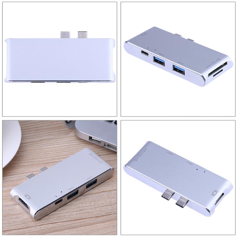 Multifuction Card Reader Dual Type-C 3.1 to 2 USB 3.0 HUB+ 3.0 SD/TF Card Reader+ 4K HDMI+PD Port for PC - ebowsos