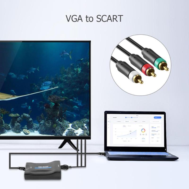 VGA to SCART Video Audio Converter Adapter With Remote Control USB DC Power Cable and VGA Cables - ebowsos