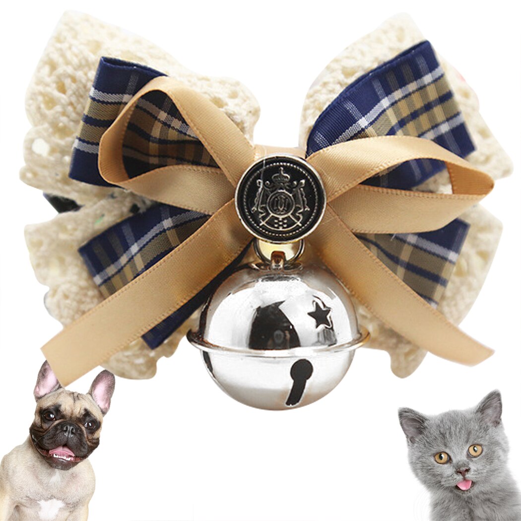Adjustable Pet Collar Leather Bowtie Necktie Plaid Lace Bowknot With Bell For Wedding Party Cat Dog Grooming Tie Pet Supplies-ebowsos