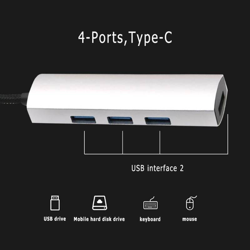 Aluminum Alloy 4-Ports Type-C to USB 3.0 Hub 5Gbps High Speed Adapter Splitter Cable for PC Laptop Computer Notebook Promotion - ebowsos