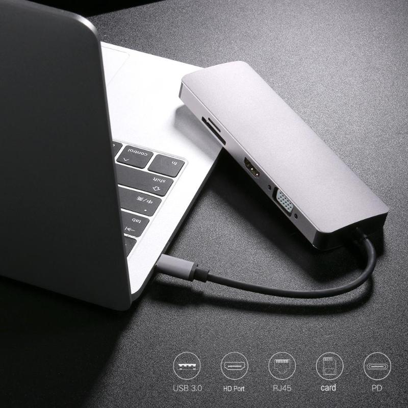 Aluminum Alloy Type C Hub 9 in 1 USB-C to 4K HDMI PD VGA 3XUSB3.0 TF Card RJ45 Lan Adapter Converter Wire Cable New  Arrival - ebowsos