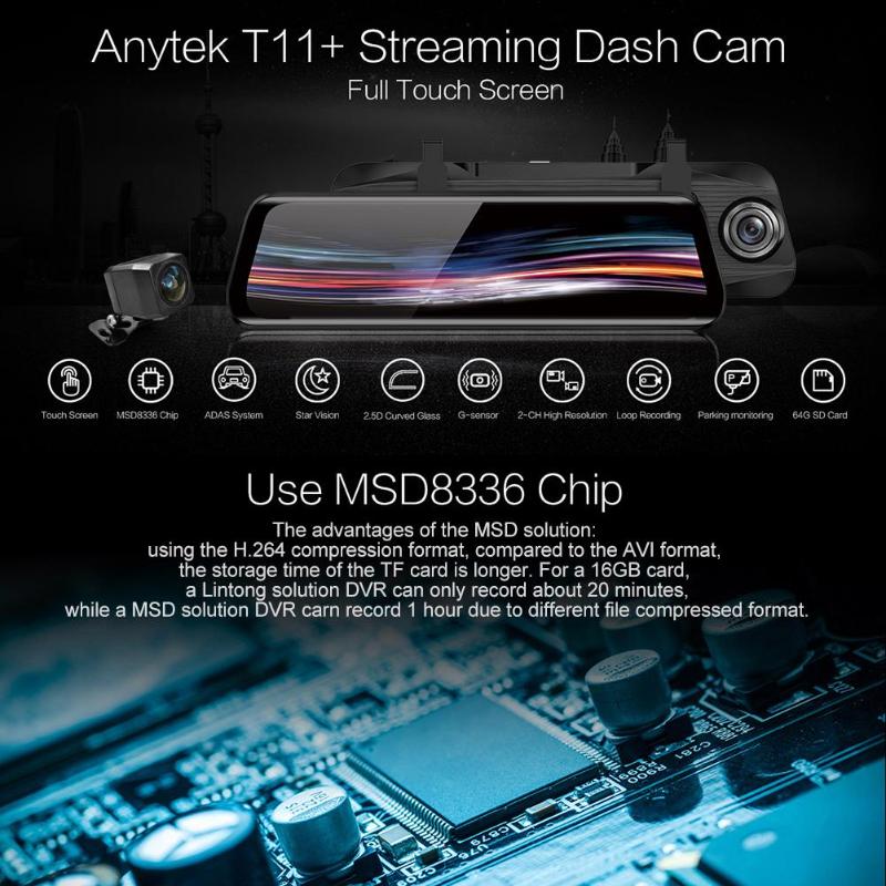 Anytek T11+ 9.66 Inch IPS Touch Rearview Mirror DVR Camera 1080p+720p Dual Lens ADAS Dash Cam Driving Video Recorder Hot Sale - ebowsos