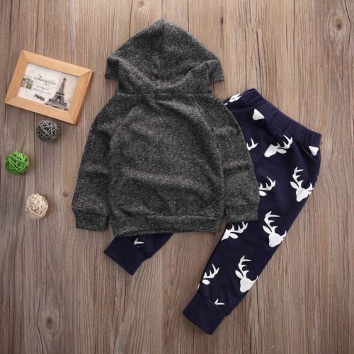 Autumn Winter Baby Boys Girls Warm Thick Outfits Deer Hooded Top+Pant Leggings Kids Clothes deer printed Kids suits - ebowsos