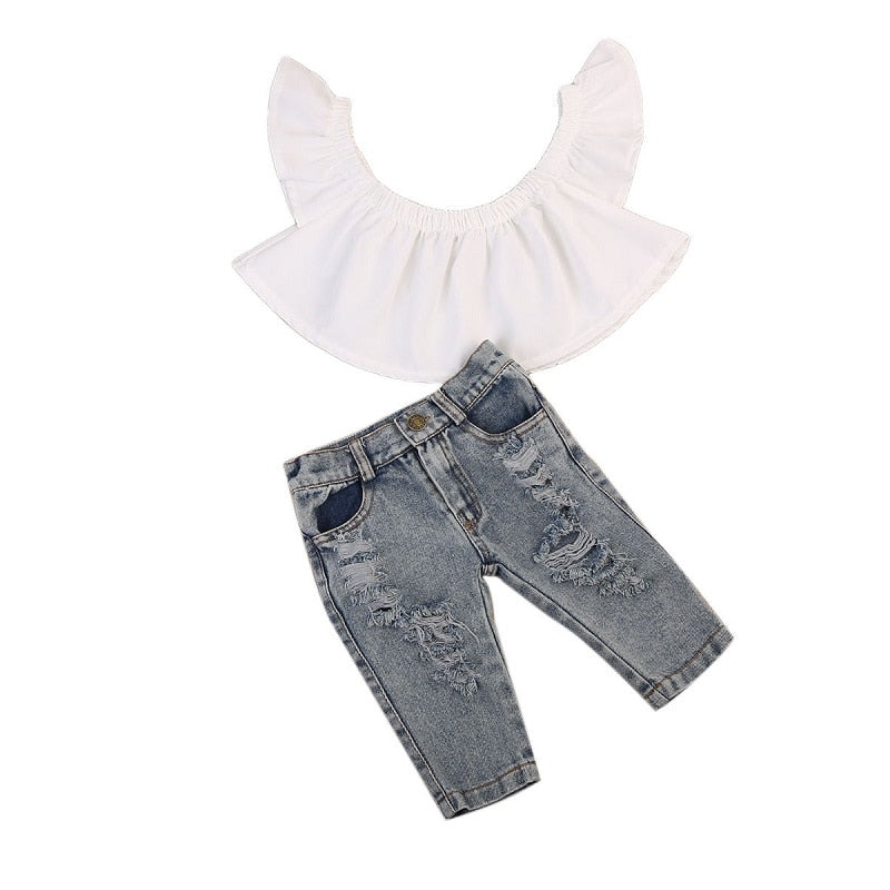 Baby Clothes Sets Children Broken Hole pants Summer Infant Girls Off Shoulder Tops+Denim Pants Hole Jeans Outfit Clothes - ebowsos