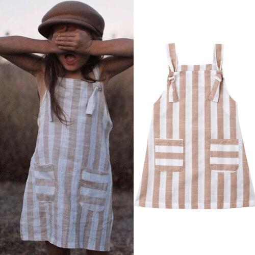 Baby Girl Dress Striped Bowknot Clothes Sundress Dress Outfit Set Chest Tie Knot Pocket Strap Dresses - ebowsos