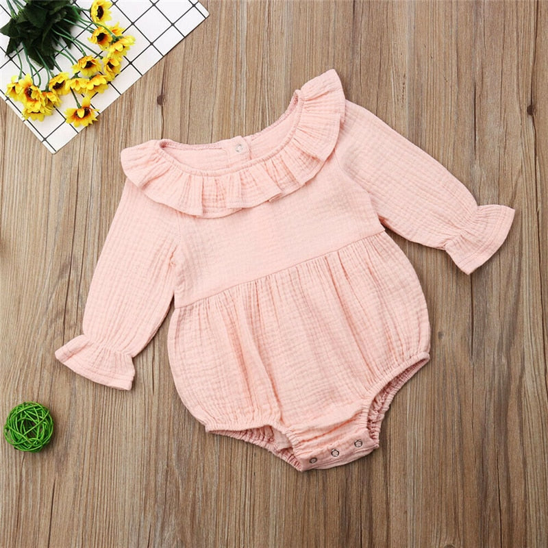 Baby Girl Long Sleeve One Piece Romper Jumpsuit Ruffles Round Neck New Style Lovely Girls Sunsuit Clothes - ebowsos