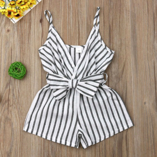 Baby Girl Stripe Clothes Sleeveless Romper Bow Jumpsuit Outfit Cotton - ebowsos