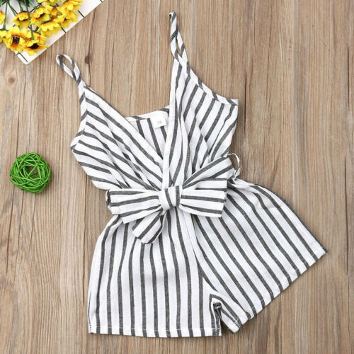 Baby Girl Stripe Clothes Sleeveless Romper Bow Jumpsuit Outfit Cotton - ebowsos