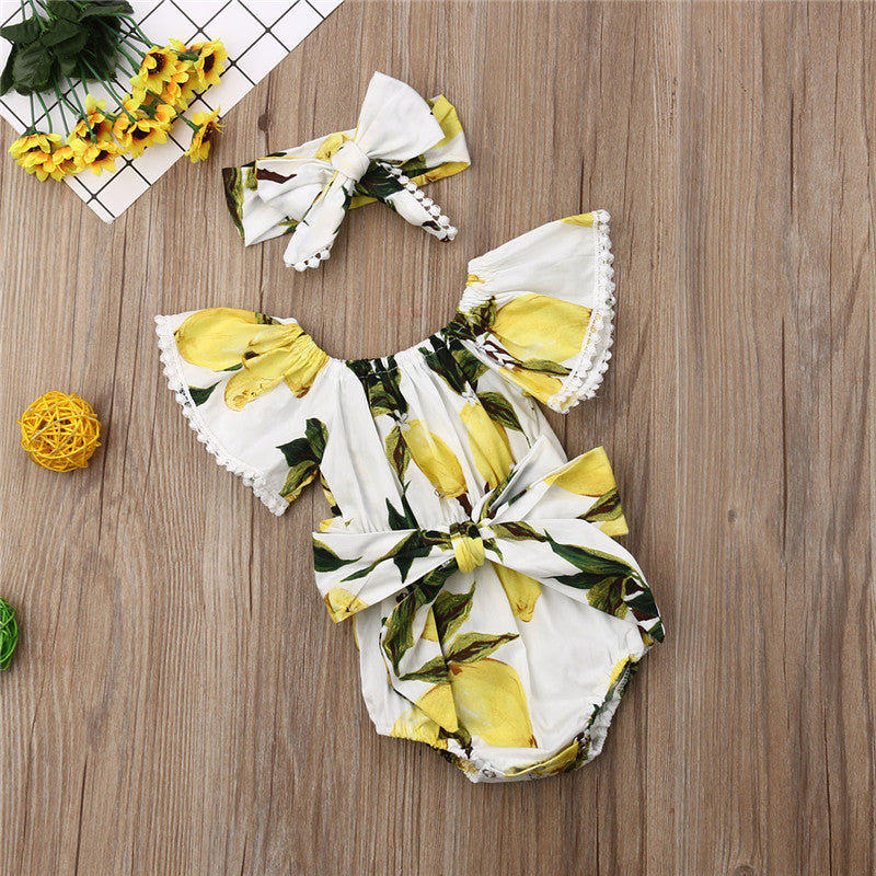 Baby Girl kid Clothes Floral Sleeveless Lemon Navy Blue Jumpsuit Bodysuit + Headband Outfits Clothes 0-24M - ebowsos