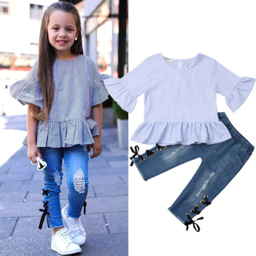 Baby Girls Clothes Kids mickey Denim Children's Set Pants Princess toddler T-Shirts Prom Dress Outfit Costume - ebowsos