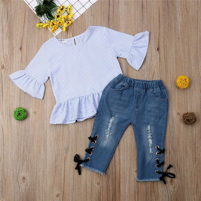 Baby Girls Clothes Kids mickey Denim Children's Set Pants Princess toddler T-Shirts Prom Dress Outfit Costume - ebowsos