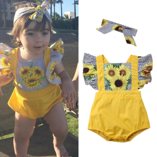 Baby Girls PatchWork Sunflower Clothing Newborn Girls Ruffles Romper Jumpsuit Outfit Clothes - ebowsos