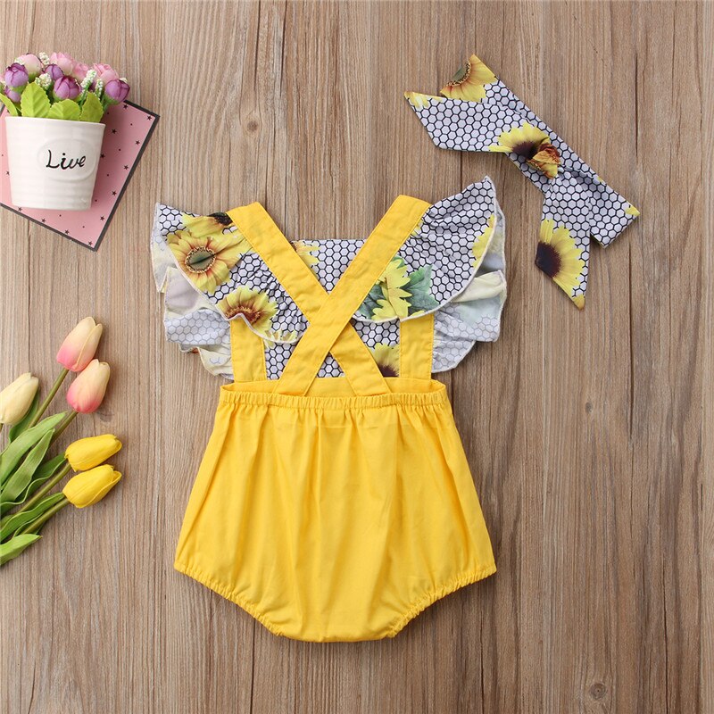 Baby Girls PatchWork Sunflower Clothing Newborn Girls Ruffles Romper Jumpsuit Outfit Clothes - ebowsos