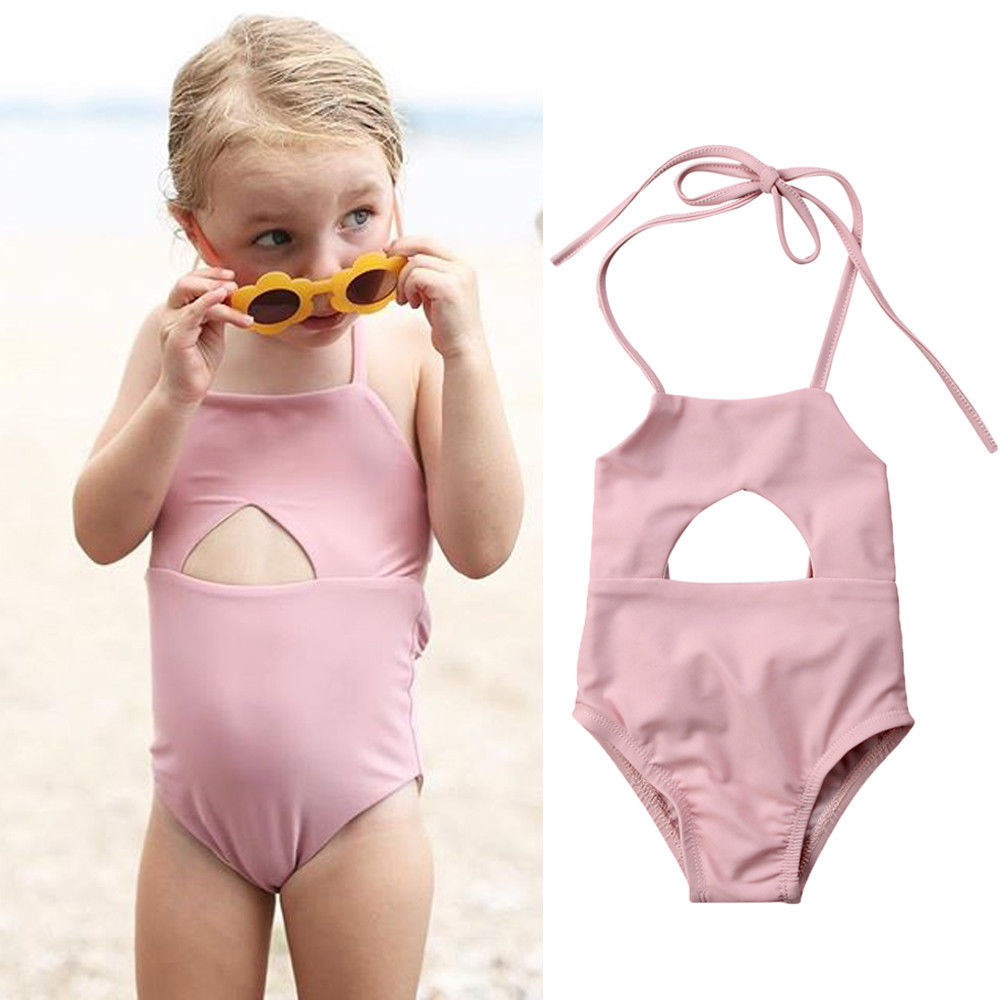 Baby One-piece Pink Swimsuit Newborn Baby Girls Halter String Swimsuits Clothes Swimwear Bikini Bathing Suit - ebowsos