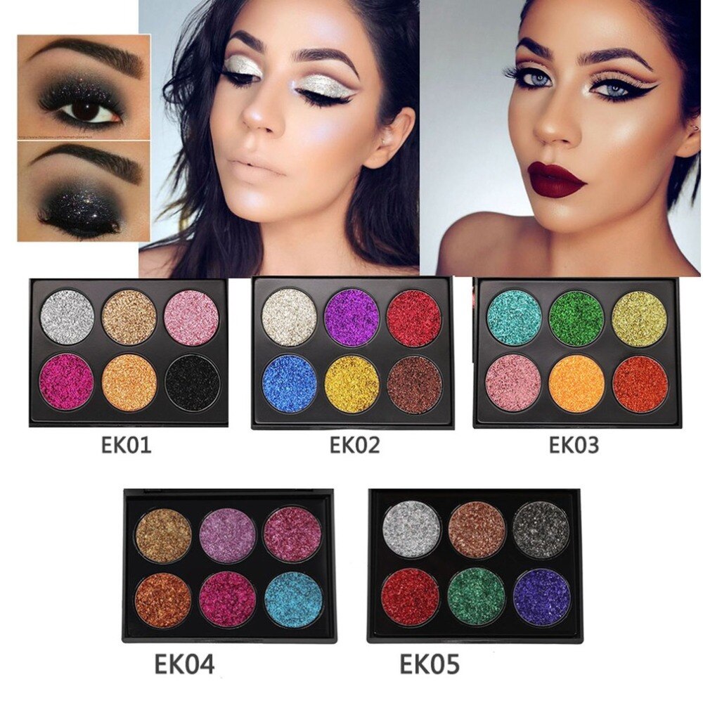 Beauty 6 Color Eye Shadow Flash Sequins Makeup Plate + 7 Eye Shadow Brush Set Easy To Match Your Look EK02 - ebowsos