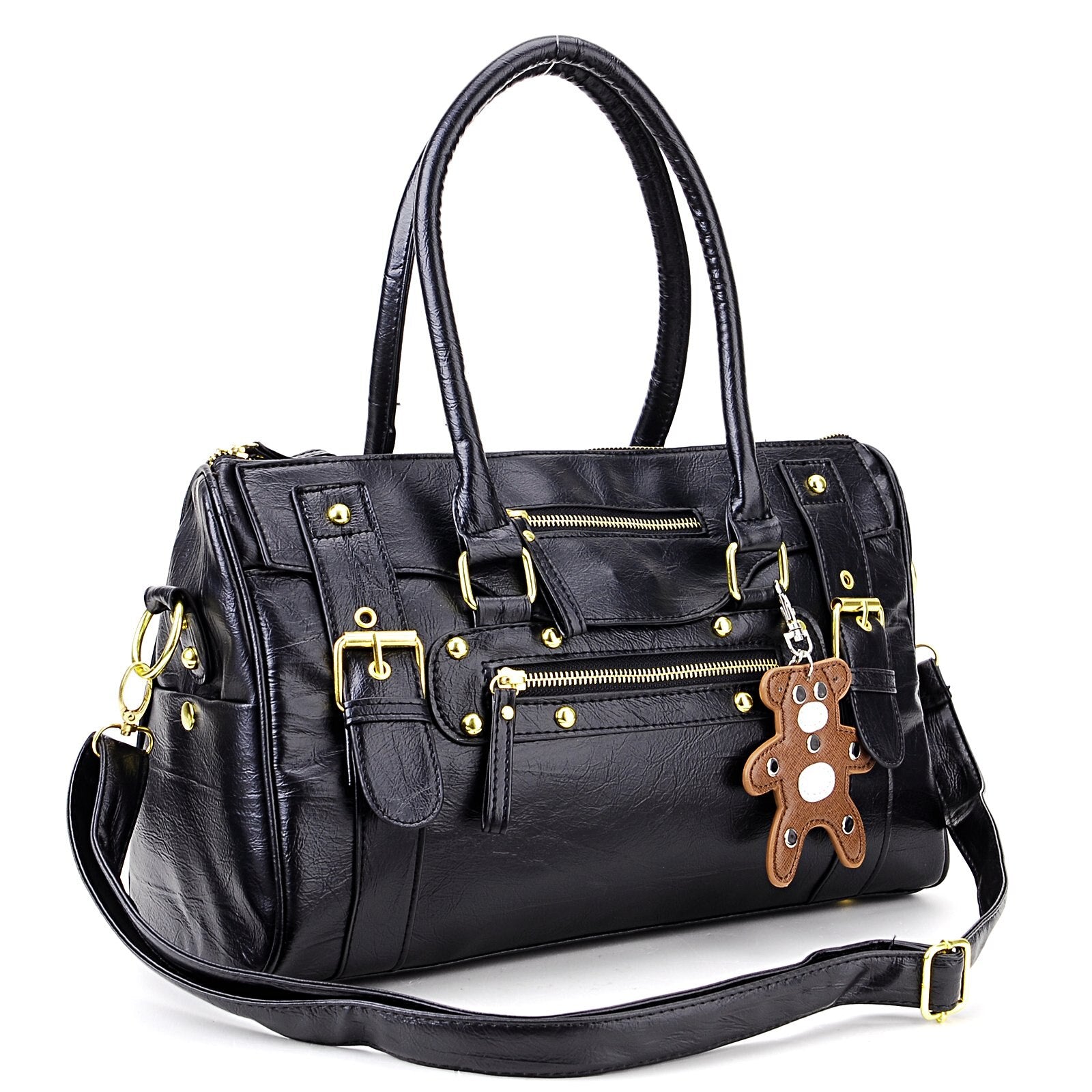 Black hand hold PU leather rock scratch with a small bear Handbag for women - ebowsos