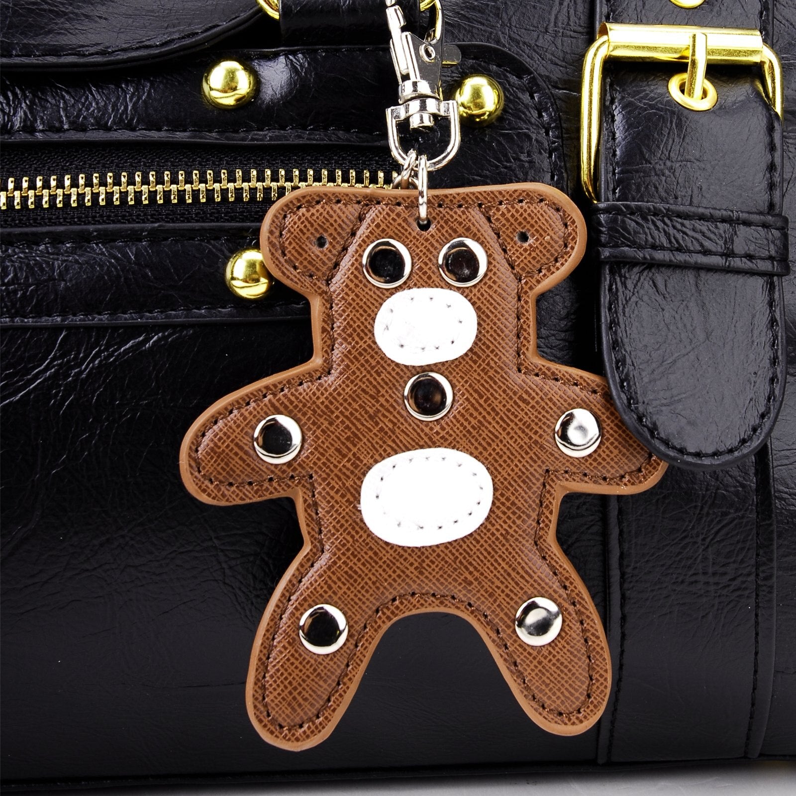 Black hand hold PU leather rock scratch with a small bear Handbag for women - ebowsos