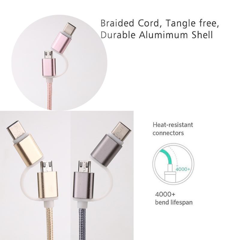 Braided Type C & Micro USB 2 in 1 Cable  USB 2.0 Male to USB 3.1 Type C/Micro USB Data Sync Faster Charging data Cable - ebowsos