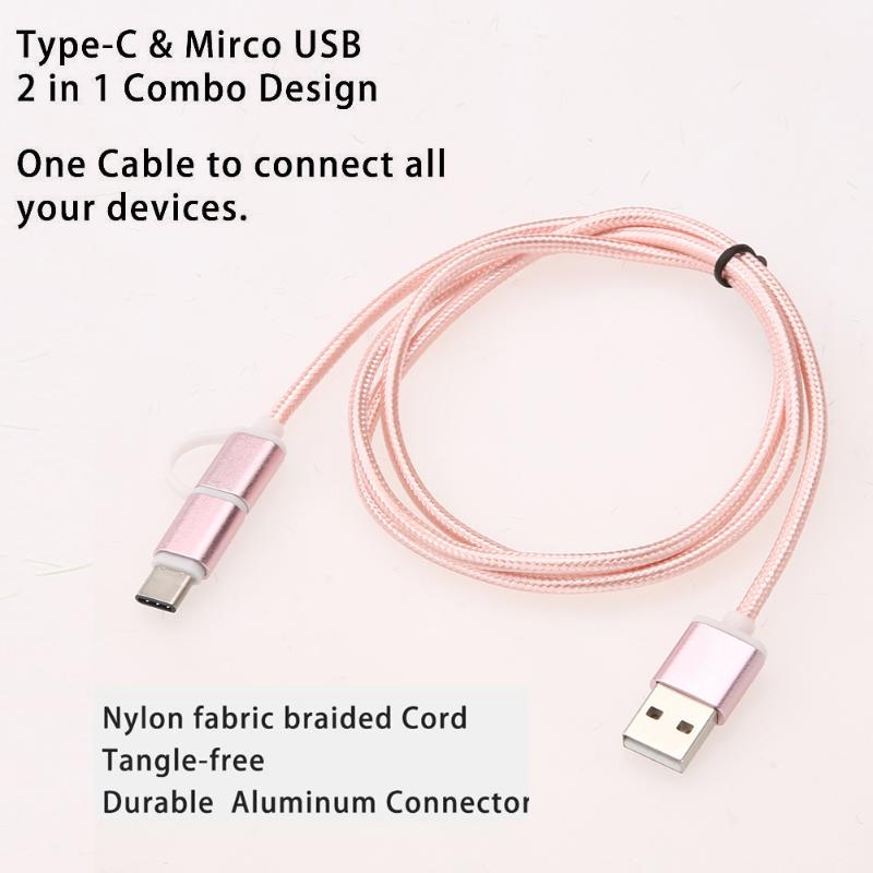 Braided Type C & Micro USB 2 in 1 Cable  USB 2.0 Male to USB 3.1 Type C/Micro USB Data Sync Faster Charging data Cable - ebowsos