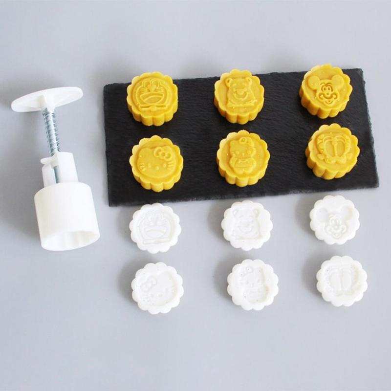 Cartoon Animal 1 Mooncake Mold + 6 Stamps Set DIY Bake Hand Pressure Mould - ebowsos
