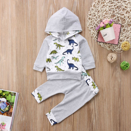 Cartoon Fashion Dinosaur  Baby Boy Girl Hooded Shirt Tops Clothing Sets+Pants Outfit Set Clothes UK 2PCS - ebowsos