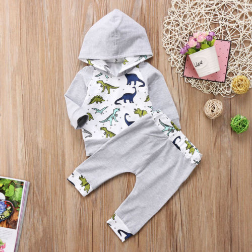Cartoon Fashion Dinosaur  Baby Boy Girl Hooded Shirt Tops Clothing Sets+Pants Outfit Set Clothes UK 2PCS - ebowsos