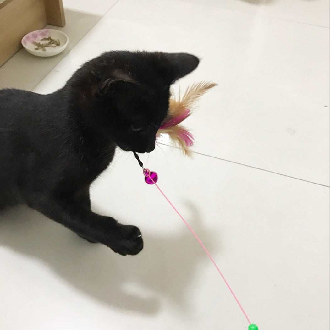 Cat Interactive Toy Stick Feather Wand With Small Bell Mouse Cage Toys Plastic Artificial Colorful Cat Teaser Toy Pet Supplies-ebowsos