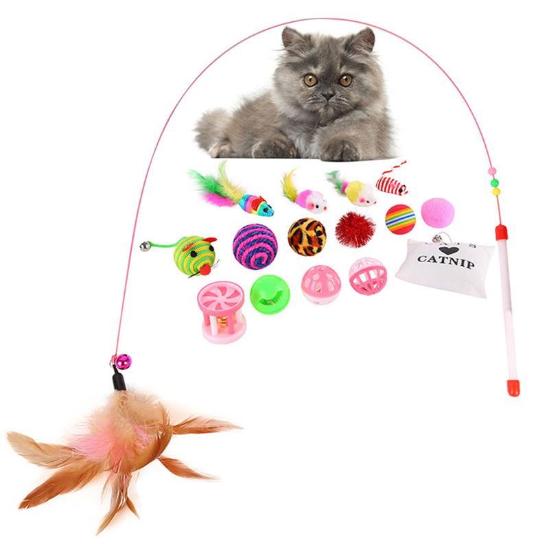 Cat Toy Set Including Teaser Wand Sisal Ball Mouse Cat Playing Toys Pet Chewing Toys Cat Toys 16Pcs-ebowsos