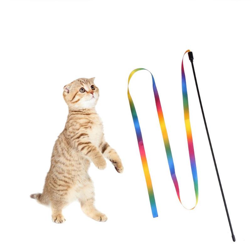 Cat Toys Rainbow Cloth Ribbon Tease Cats Rod Pets Kitten Interactive Scratching Toys Cat Teaser Playing Training Pet Supplies - ebowsos