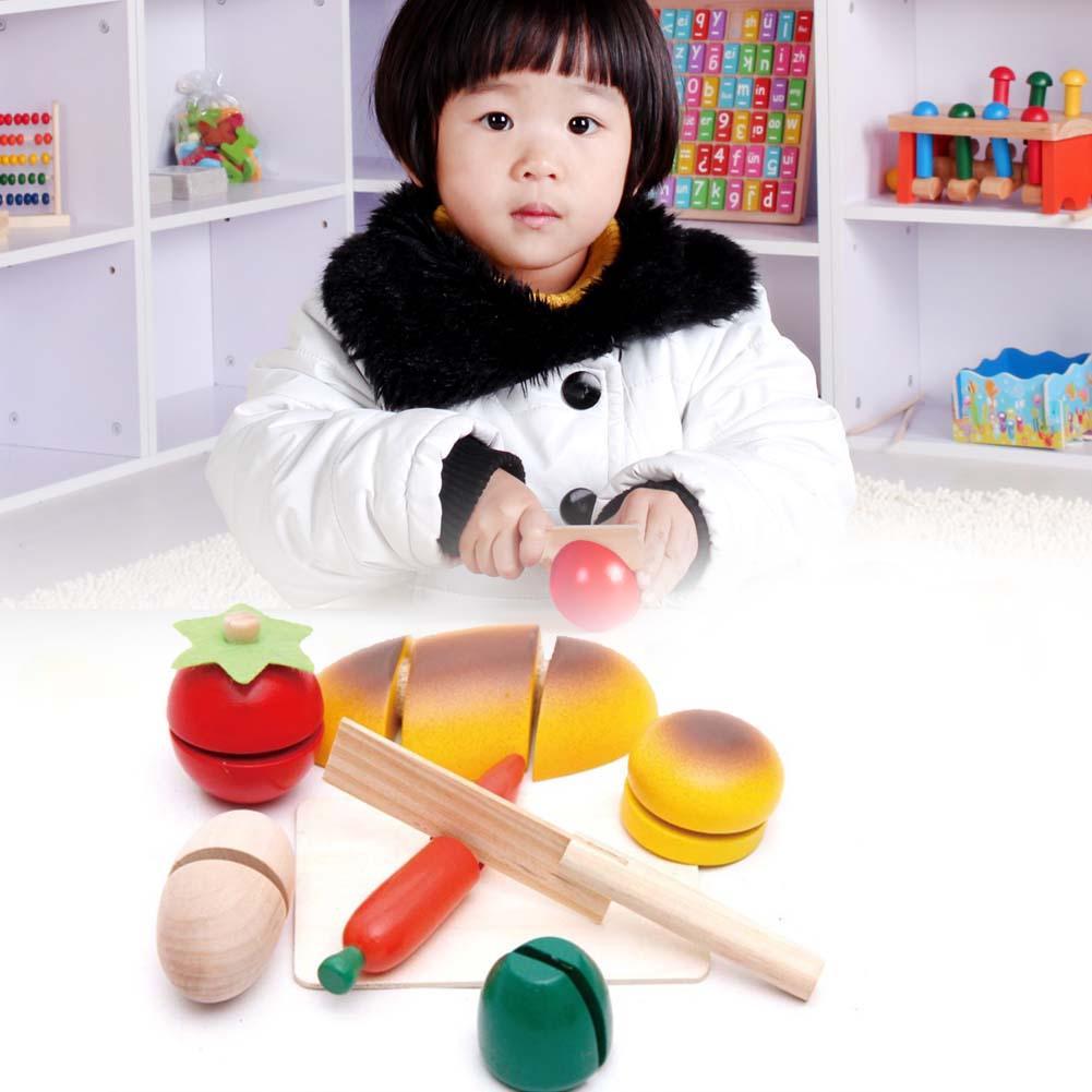 Child Pretend Role Play Kitchen Fruits Vegetables Food Toy Wooden Cutting Set-ebowsos