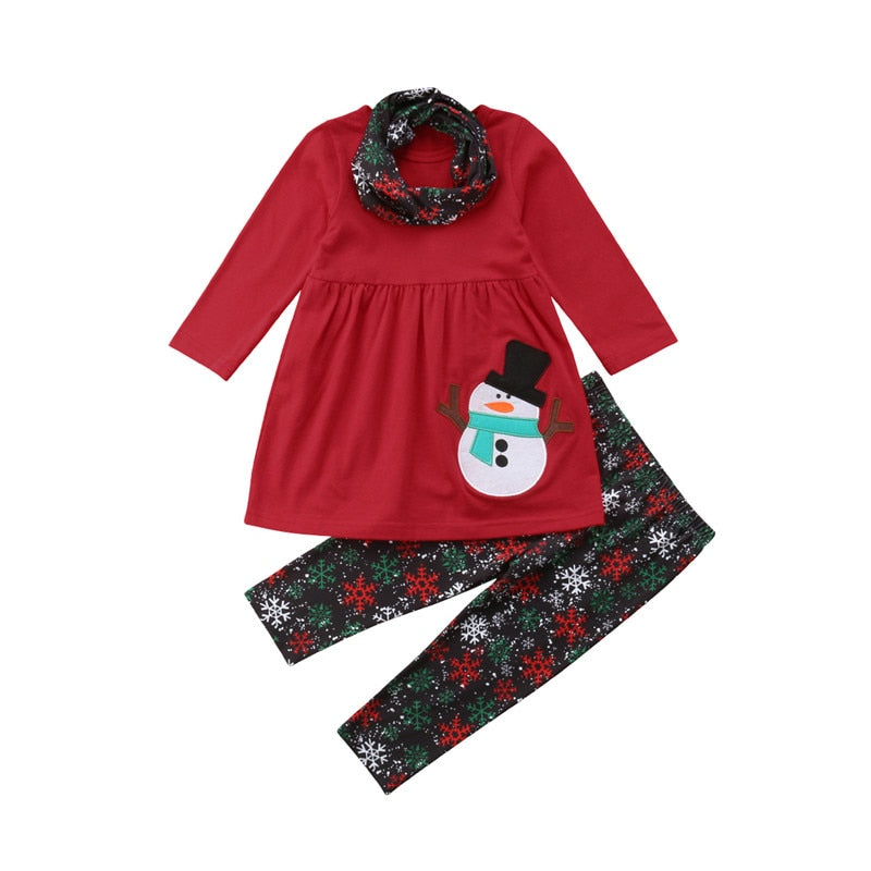 Christmas Outfits Kids Girl Clothing Children Clothes Long Sleeve Snowman T-shirts Tops Pants Scarf Boutique Girls Outfit Sets - ebowsos