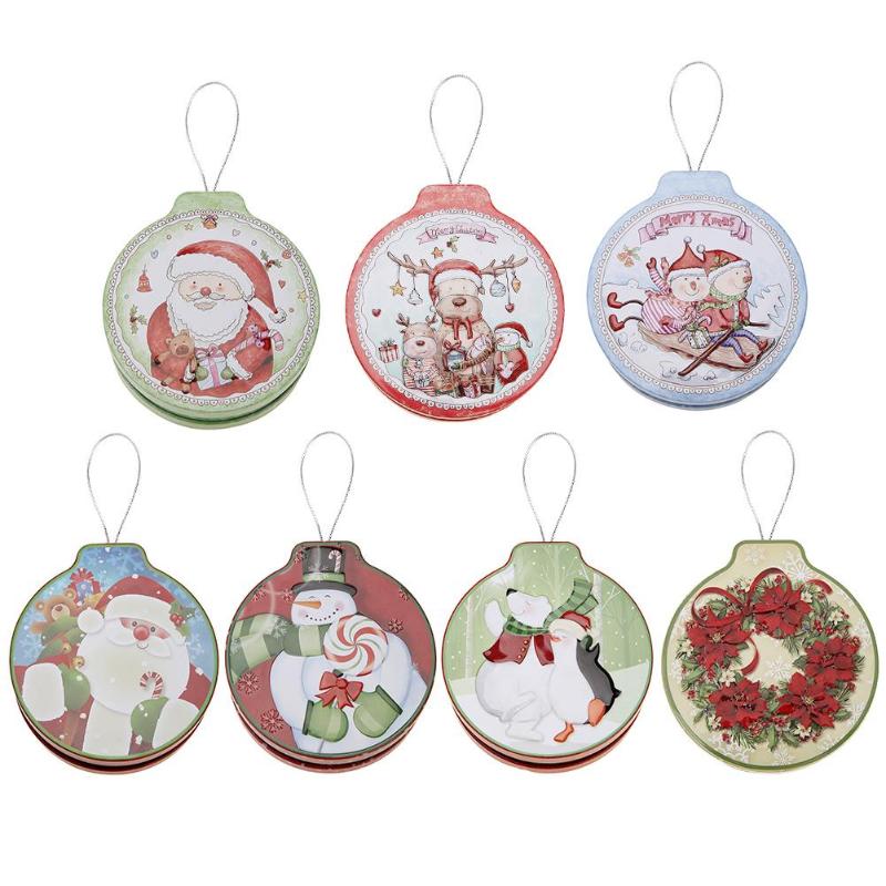 Christmas Round Tin Candy Box Gift Christmas Tree Pendant Packing Case Party Tree Hanging Christmas Decoratiuon for Home - ebowsos